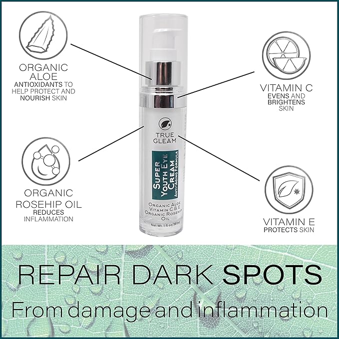 TRUEGLEAM Super Youth Eye Treatment Cream, Anti Aging Under Eye Treatment for Bags, Puffiness, Wrinkles, and Dark Spots with Green Tea, Jojoba Oil, and Vitamin E