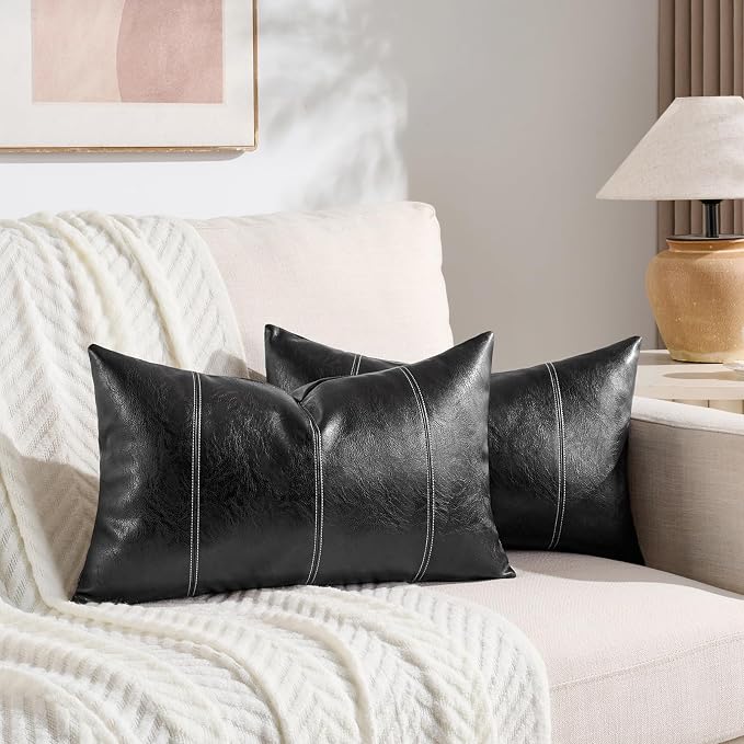 Fancy Homi Black Long Lumbar Faux Leather Decorative Throw Pillow Covers 12x24 Inch for Living Room Couch Bed Sofa, Boho Farmhouse Home Decor, Hand Stitched Rectangle Cushion Case 30x60 cm