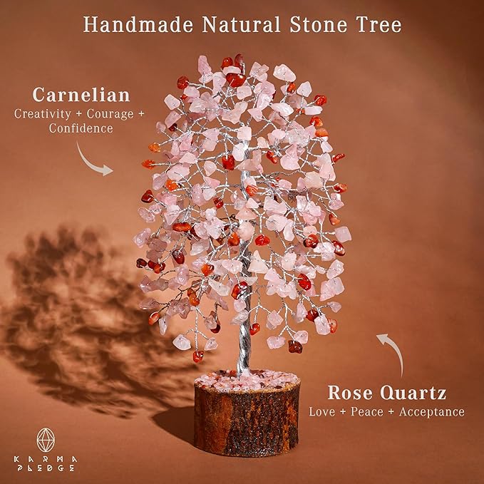 Healing Crystal Tree of Life for Birthday Gifts for Women, Mom, Sister, Friends Brings Good Luck, Money, Positivity, Reiki Healing, Handmade Feng Shui Boho Decor for Home & Office - Rose, Carnelian