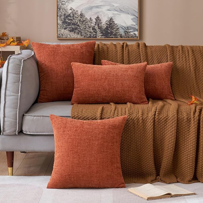 MIULEE Soft Chenille Fall Throw Pillow Covers Burnt Orange 20x20 Pack of 2 | Modern Fall Home Decor, Classic Decorative Pillows, Solid Dyed Cases, Boho Couch Cushion Covers for Sofa Bed Living Room