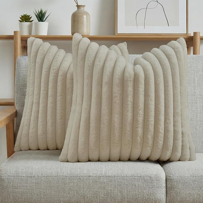 FUTEI Pack of 2 Faux Fur Throw Pillow Covers 24x24 Inch, Beige | Fluffy Faux Rabbit Fur Front/Premium Velvet Back,Hidden Zipper,Machine Washable,Non-Shedding,Colorfast,Insert Not Included.