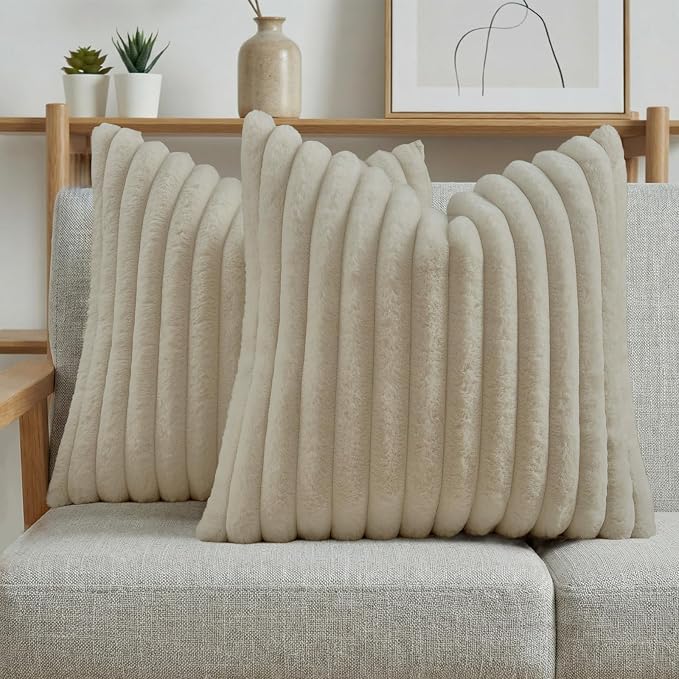 FUTEI Pack of 2 Faux Fur Throw Pillow Covers 20x20 Inch, Beige | Fluffy Faux Rabbit Fur Front/Premium Velvet Back,Hidden Zipper,Machine Washable,Non-Shedding,Colorfast,Insert Not Included.
