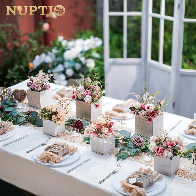 NUPTIO Small Wooden Box for Centerpiece, Whitewashed, Square, 4"/5", 12 Pcs | Farmhouse Wood Vases Planter, for Fall Decor, Windowsill, Home, Garden