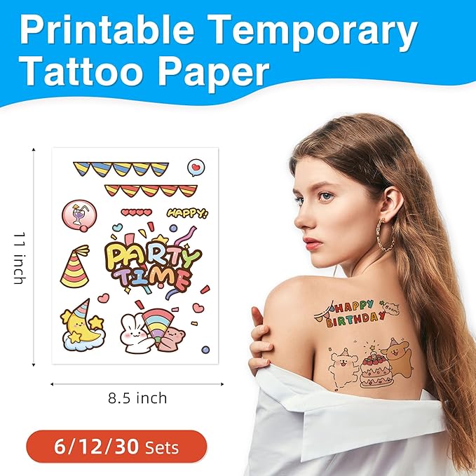 Printable Temporary Tattoo Paper for INKJET Printer, Custom Tattoo Sticker 8.5"X11", DIY Personalized Long-lasting Clear Transfer Paper for Kids, Family, Women, Halloween, Birthday, Parties, Christmas