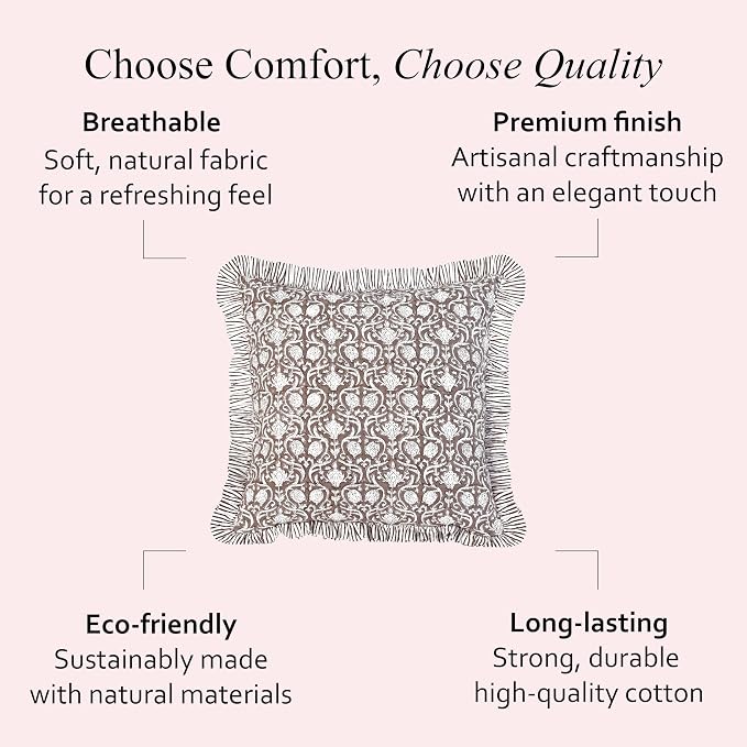 CPC Mocha Regal Hand Block Print 100% Cotton Ruffle Throw Pillow Cover 20x20 inch with Hidden Zipper Decorative for Couch, Bed, Sofa, Farmhouse, Cottagecore Decor Gift Christmas Fall Thanksgiving