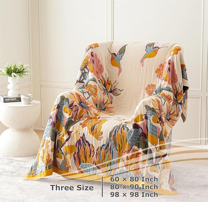 LUTBM Throw Blanket for Bed, 100% Cotton Boho Lightweight Quilt, Room Decor | Reversible 90"x98" Floral Butterfly Blankets, All-Season, For Chair Sofa Couch Room, Breathable Soft Bedspread for Summer
