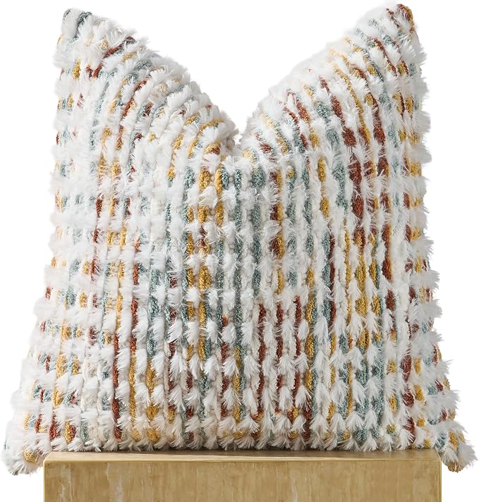 Boho Chenille Pillow Cover Decorative Tufted Pillowcase for Couch Bed Sofa Bedroom Living Room Modern 18 x 18-Inch Brown White