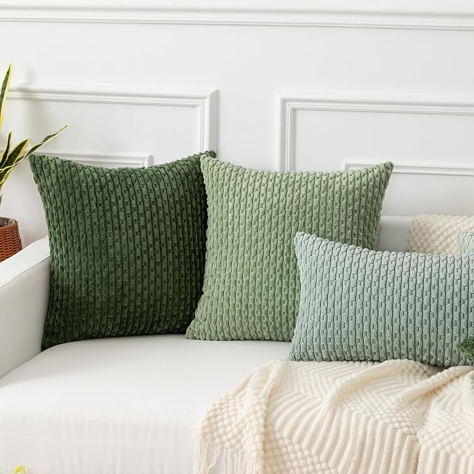 Kevin Textile Soft Corduroy 14"x20" Lumbar Pillow Cover 1 Pack, Grey Green | Boho Stripe Plush Corduroy Decorative Oblong Cushion Cover Modern Farmhouse Home Decor for Sofa Couch Bed Chair