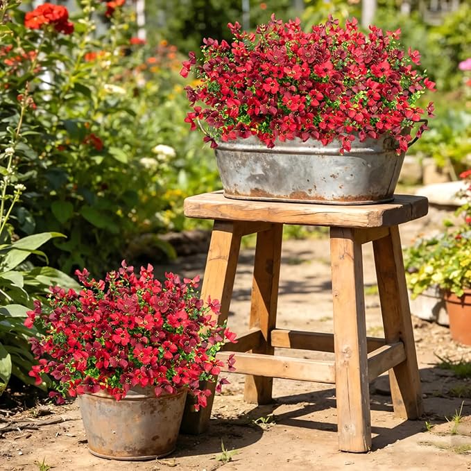 16 Pcs Artificial Flowers for Outdoors Decorations, Red Mixed | Realistic, silk flowers, faux plastic plants, UV resistant, for summer garden porch window vase indoor outdoor home decor