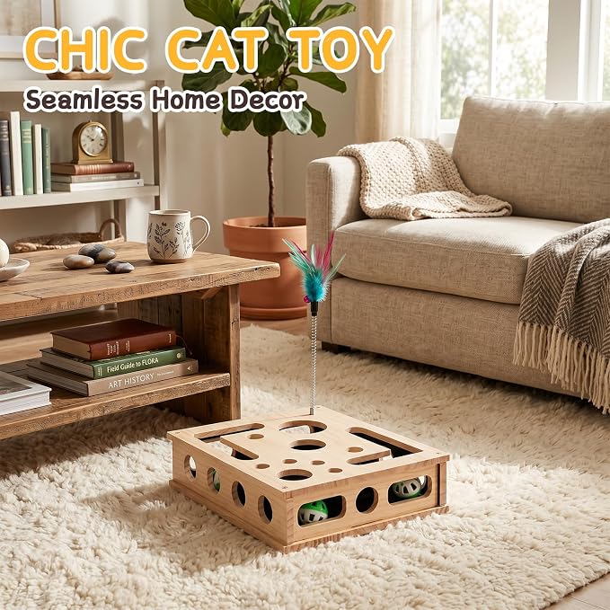 SENNOVI Wooden Cat Puzzle Feeder & Scratcher Toy, Hunting Treat Dispenser