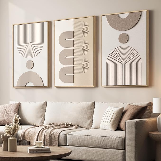 Large 3D Textured Framed Neutral Abstract Wall Art for Living Room, 3 Piece | Solid wood frame, sandstone texture painting, curved line detail and beige tone, ready to hang, wall decor for bedroom office