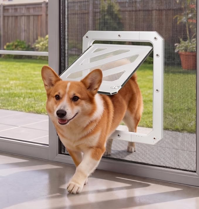 Dog Door for Screen Door, Enhanced Quiet Flap & Sealing Brush, 10.2”x14.3” Opening, Lockable Doggy Screen Door, Magnetic Self-Closing Pet Door-Medium to Large Dogs up to 60 lbs (White)