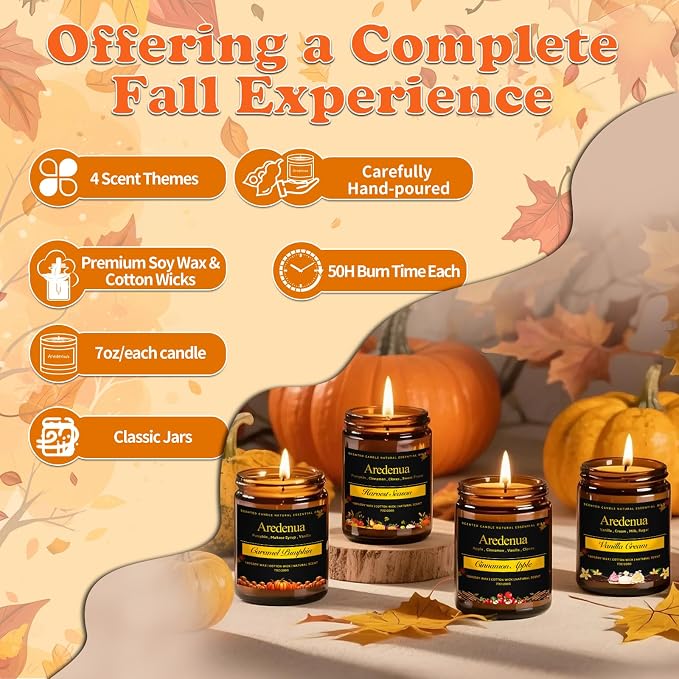 Fall Candles Set – 4 Pack Cozy Autumn Seasonal Candles Gift - Caramel Pumpkin, Cinnamon Apple, Harvest Season & Vanilla Cream, 28oz Soy Candles for Christmas Cozy Winter Gifting