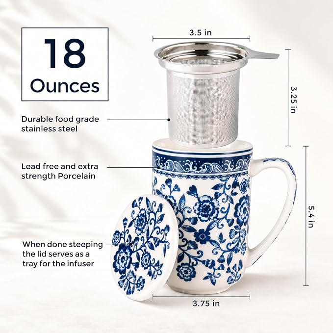 AmorArc Porcelain Tea Mug with Infuser and Lids, 18 Oz Coffee Cup Strainer with Bag Holder for Loose Leaf Tea, Steeping Coffee Mug for House-warming Wedding Birthday Gift