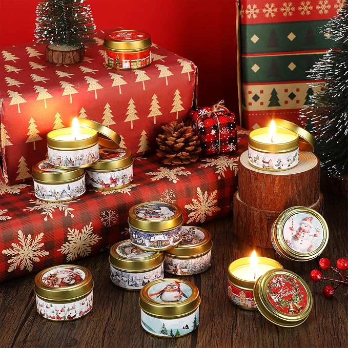 MTLEE 24 Sets Christmas Scented Soy Wax Candles Aromatherapy Candles with Organza Bag and Cards Bulk, Portable Travel Tin Candle Party Favors Christmas Gifts for New Year Home Supplies(Romantic)
