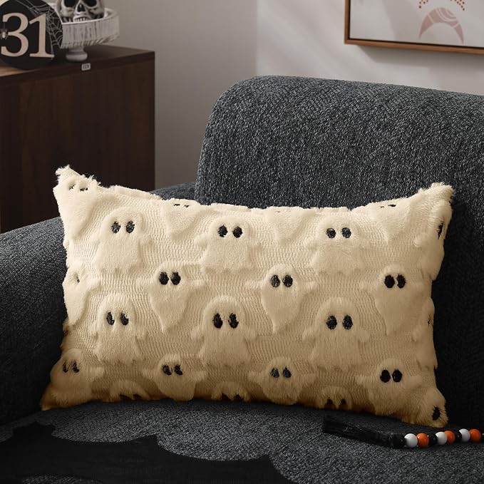 DFXSZ Halloween Pillow Covers 12x20 inch 2Pcs Beige Ghost Halloween Decor | Halloween Decorations Set of 2 Throw Pillow Cases Plush Faux Fur Wool Cushion for Chair Sofa Bedroom Living Room Home Decor