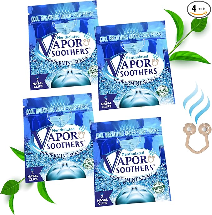 Nose Clips for Bad Smell by Vapor Soothers | Nasal Dilators for Breathing | Smell Nose Rings for Nurses | Instant Nasal Congestion Relief, Drug-Free | Peppermint Scent - 4 Pouches, 8ct