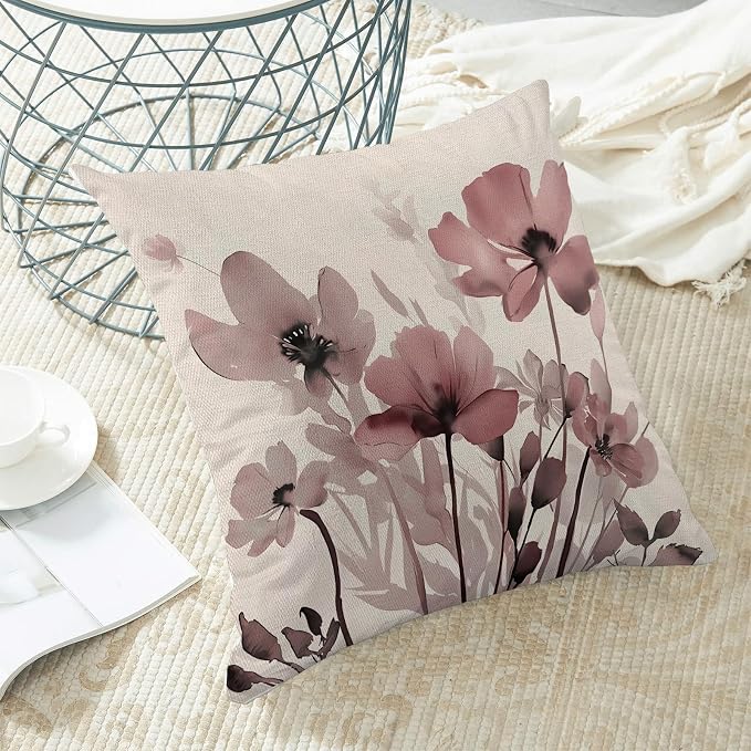 Spring Floral Pillow Covers 18x18 Inches Set of 2,Pink Floral Throw Pillow Covers Outdoor Summer Flower Decoration Pillowcase Farmhouse Decorative Square Cushion Cover for Home Couch Sofa