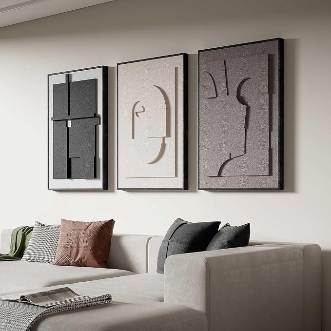 Thalasse Modern Abstract Wall Art Large Framed 3D Black Beige 24x36 In | Textured relief artwork, geometric sandstone plaster, living room entryway foyer decor, set of 3