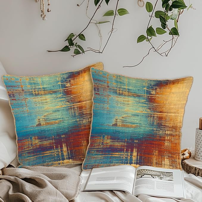 KSLIDS Vintage Abstract Soft Velvet Throw Pillow Covers Set of 2 Blue Orange Messy Rust Painting Decorative Pillow Covers 16x16 Inch Colorful Art Pillow Case for Sofa Couch Living Room Home Decor
