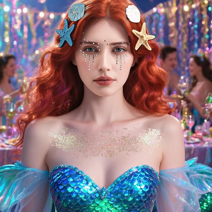 YGDZ Mermaid Hair Accessories, Starfish Hair Clips, Seashell Hair Clip, Face Body Glitter, Face Gems, for Mermaid Costume Women, Halloween Mermaid Outfit