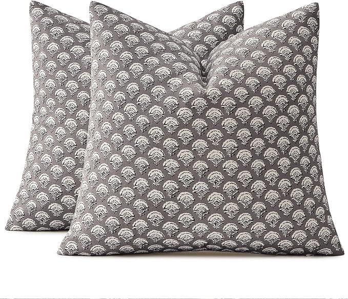 MIULEE Floral Print Decorative Euro Pillow Covers 22x22, Stone Grey | Vintage Boho Farmhouse Modern Home Decor, Set of 2, Block Print Cushion Covers for Couch Sofa Bed Living Room