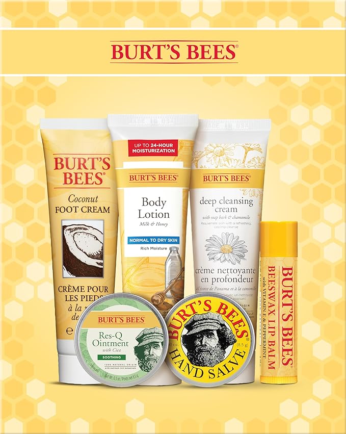 Burt's Bees Mothers Day Gifts Ideas - Timeless Minis Set, 6 Products - Beeswax Lip Balm, Coconut Foot Cream, Honey Body Lotion, Deep Cleansing Cream, Res-Q Ointment & Hand Salve