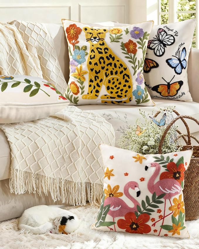 Animal Embroidered Throw Pillow Cover 20x20 Inch, Leopard Floral | Decorative Pillow Cover, Boho Cushion Cases with Hidden Zipper, Fall Decor for Couch, Sofa, Living Room, Bedroom
