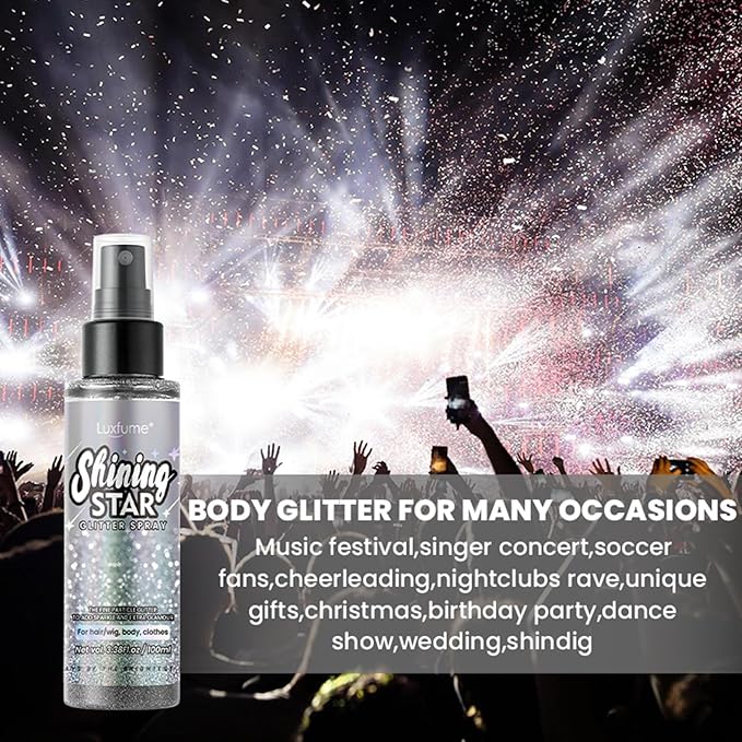 Body Glitter,100ML Body Glitter Spray,Glitter Spray for Hair/Body/Clothes,Long-Lasting and Quick-Drying Silver Glitter Hairspray Suitable for Stage, Festival Rave and Makeup Prom(3.38 Fl Oz)