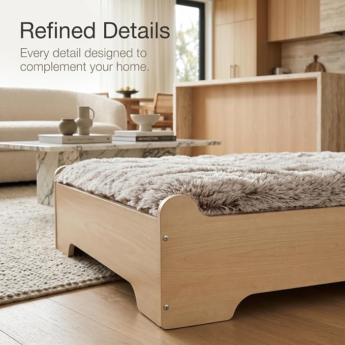 Elevated Wood Dog Bed Frame with Foam Mattress, WoodPattern, L | Raised Dog Bed with Washable Cover, Furniture-Style Design for Indoor Living