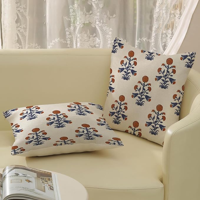 Orange Navy Blue Floral Pillow Covers 18x18 Inch Set of 2 Block Print Flower Boho Decorative Throw Pillows Modern Vintage Outdoor Pillow Cases Linen Farmhouse Cushion Cases for Couch Sofa Decor