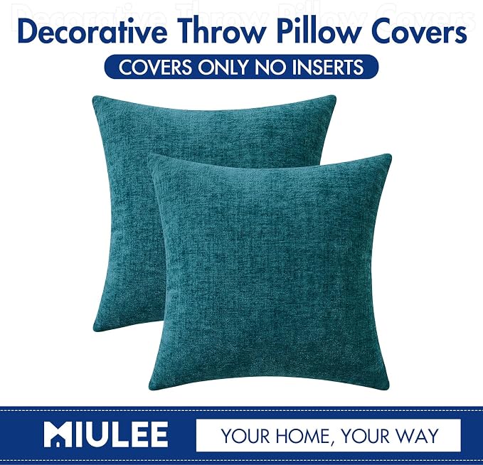 MIULEE Soft Chenille Throw Pillow Covers Dark Teal 16x16 Inch Pack of 2 | Modern Coastal Home Decor, Classic Decorative Pillows, Solid Dyed Cases, Boho Couch Cushion Covers for Sofa Bed Living Room