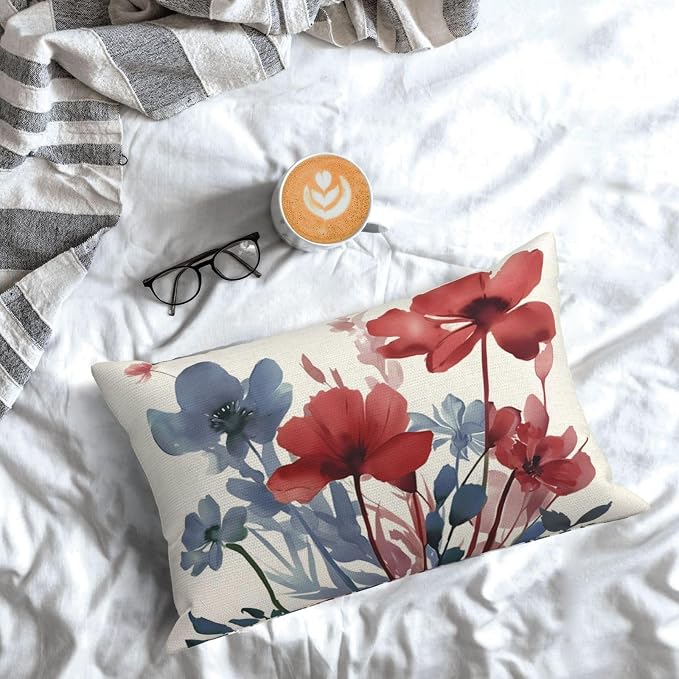Floral Pillow Covers 12x20 Inches Set of 2 Independence Day Blue Red Floral Throw Pillow Covers Outdoor Spring Summer Flower Pillowcase Farmhouse Decorative Lumbar Cushion Cover for Home Sofa