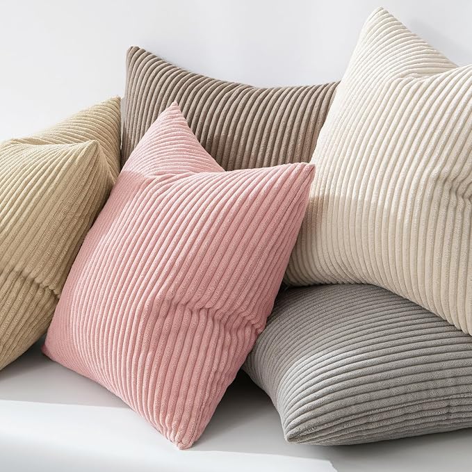 MIULEE Decorative Corduroy Throw Pillow Covers Set of 2 20x20 Pink | Soft Striped Textured Cushion Cases, Boho Square Lovely Cute Pillowcases, Home Decor for Couch Chair Sofa Bed Living Room