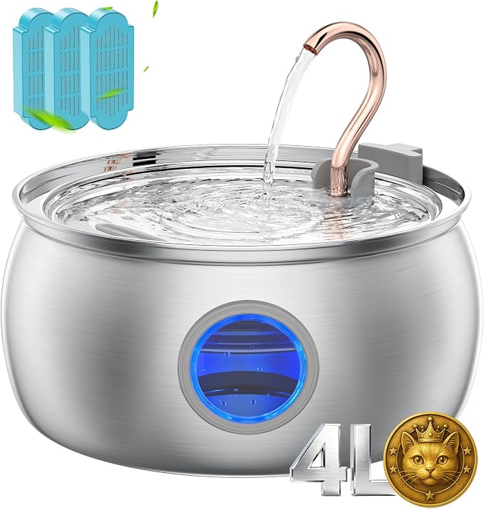 Cat Water Fountain Stainless Steel -135oz/4.0L Cat Fountain for Drinking | Ultra Quiet Pump, Easy to Clean, Come with 3 Filters, Pet Watering Bowl Dispenser for Cats, Dogs, Multiple Pets