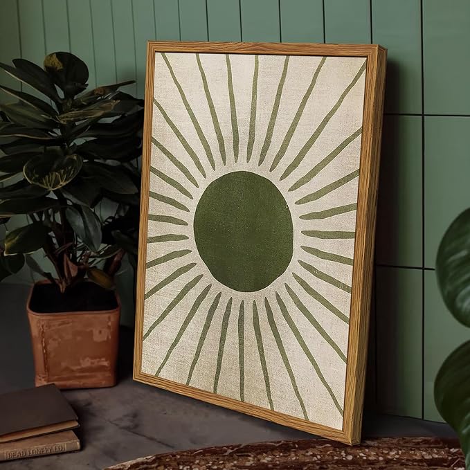 Framed Boho Sun and Moon Canvas Wall Art Set of 2, Vintage Sage Green Bohemian Pictures Wall Decor, Mid Century Modern Abstract Minimalist Paintings Prints for Living Room Bedroom Office 12x16 inch