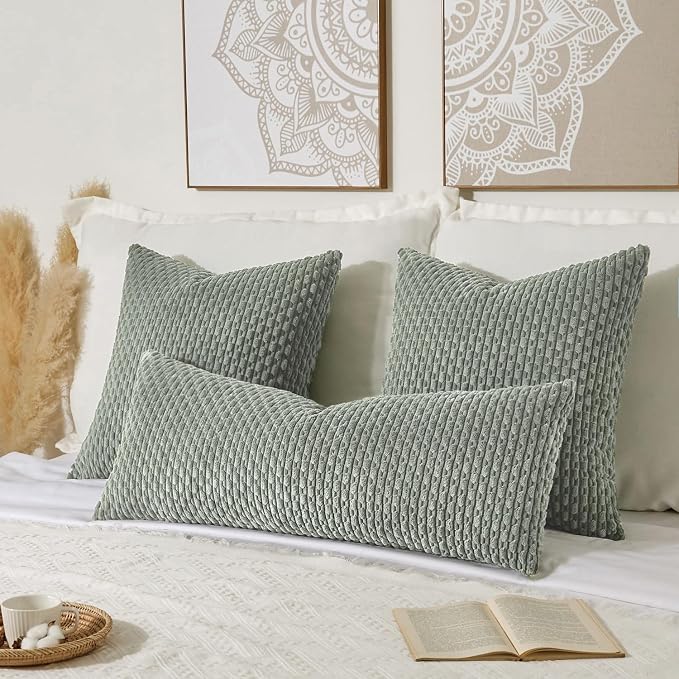 Kevin Textile Soft Corduroy 14"x36" Lumbar Pillow Cover 1 Pack, Grey Green | Boho Stripe Plush Corduroy Decorative Oblong Cushion Cover Modern Farmhouse Home Decor for Sofa Couch Bed Chair