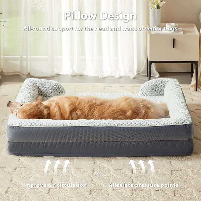 LEXTRO Orthopedic XXL Dog Bed, Washable Dog Beds for Extra Large Dogs | Comfy Sleeping Dog Bed with Egg Crate Foam, Dog Sofa with Removable Cover, Waterproof Lining&Non-Slip Bottom, Gray