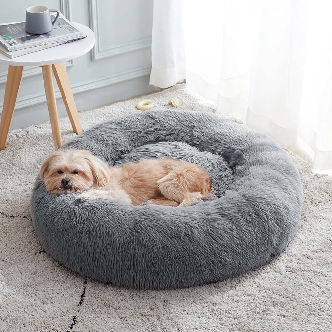 Western Home Calming Donut Medium Dog Bed Washable Pet Bed,30" Navy Grey | Fluffy Faux Fur Round Cuddler,Anti-Anxiety,Anti-Slip Bottom,Plush Pet Dog Beds for Medium Sized Dogs,Up to 45 LBS