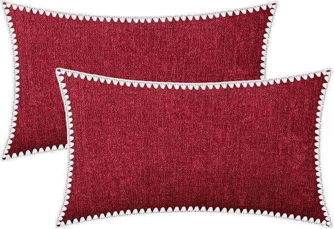BRAWARM Chenille Throw Pillow Covers 12x20 Inches, Red, 2 Pack | Decorative Lumbar Pillow Covers with Shell Edge, Soft Cushion Cases for Sofa Bed Living Room Home Farmhouse (No Insert)