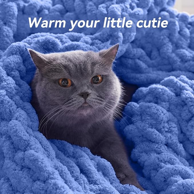 Negwoo Chunky Knit Throw Blanket, Knitted Throw Chenille Yarn, 60"*80" | Soft Thick Cable Knitted Blankets, Handmade Big Thick Blanket, Machine Washable Cute Comfy Blanket for Home Decor, Light blue