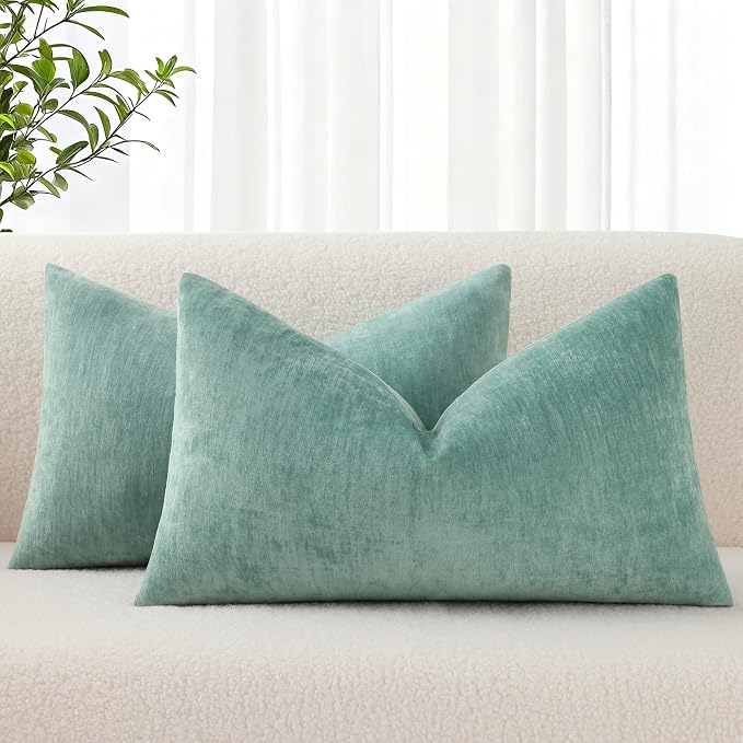 decorUhome Soft Chenille Aqua Haze Throw Pillow Covers 12X20 Set of 2 | Decorative Fall Couch Pillow Covers Solid Dyed Accent Modern Farmhouse Neutral Rectangle Pillow Cases for Sofa