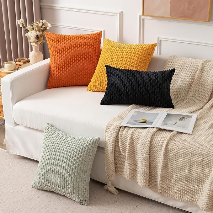 Kevin Textile Soft Corduroy 14"x22" Lumbar Pillow Cover 1 Pack, Black | Boho Stripe Plush Corduroy Decorative Oblong Cushion Cover Modern Farmhouse Home Decor for Sofa Couch Bed Chair