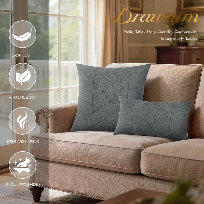 BRAWARM Chenille Throw Pillow Covers 22x22 Inches, Gray, 2 Pack | Decorative Pleated Pillow Covers, Soft Cushion Cases for Sofa Bed Living Room Home Farmhouse (No Insert)