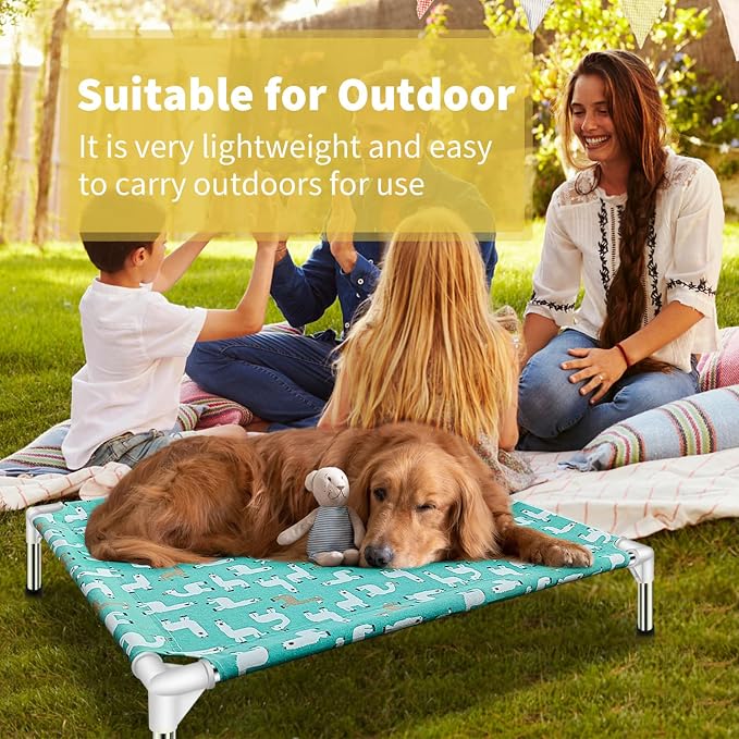 Elevated Dog Bed Pet cot for Large Dogs | Alpaca Print,Indoor and Outdoor ，Breathable Fabric，Stainless Steel Frame, Anti-Slip Feet