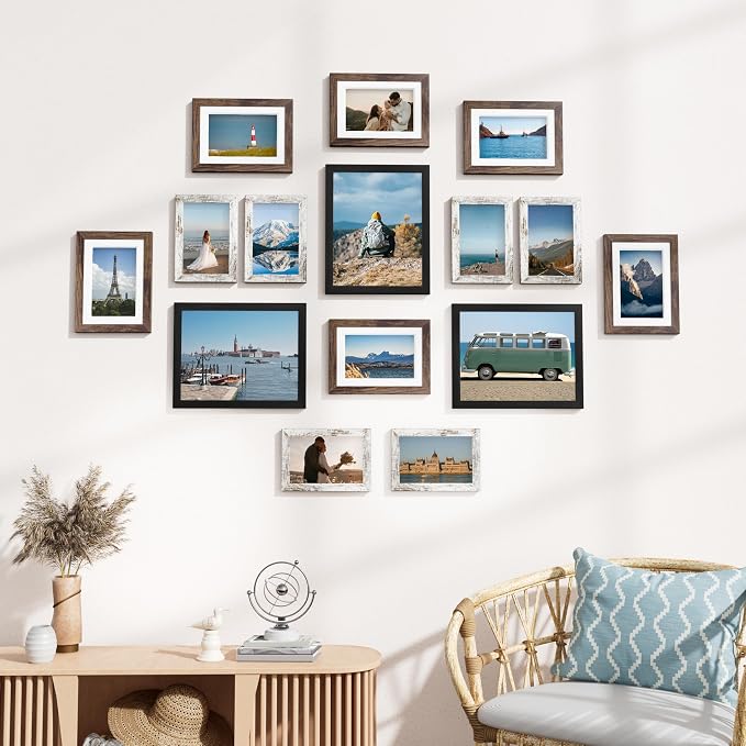 Vittanly 15 Pack Gallery Wall Frame Set, Black, Brown, Distressed White | Picture Frames Collage Wall Decor: 3pcs 8x10, 6pcs 5x7, 6pcs 4x6. Picture Frame Set for Wall or Tabletop Display