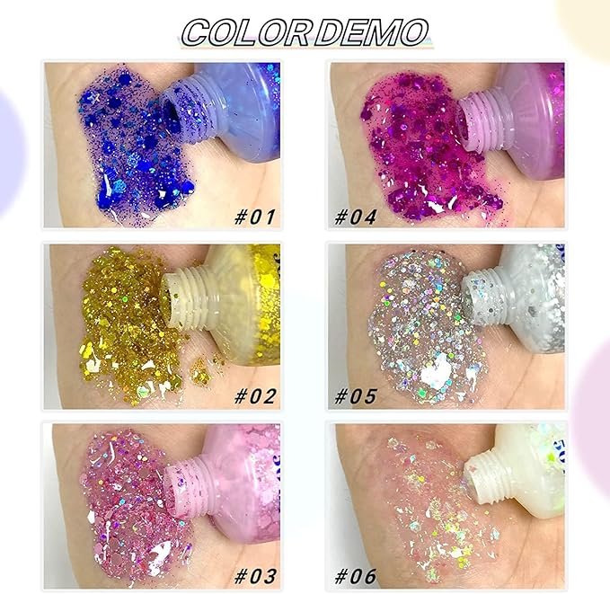 White Face Glitter,Sparkling Neon Outfit Party Holographic Sequins Paint Body Glitter Gel Makeup.(06# White Moonbeam)