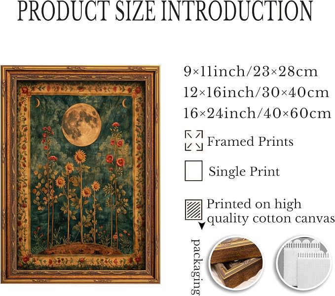 Vintage Gold Framed Celestial Moon Wall Art,Tarot Crescent Moon Painting Canvas Print,Gothic Moody Wildflowers Wall Decor,Dark Academia Vibe Poster Artwork,for Living Room Bedroom Bathroom