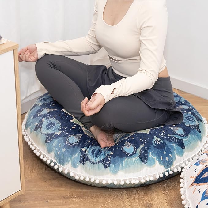 Meditation Cushion 32 Inch Round, Large Floor Pillow Seating for Adults, Bohemian Mandala Yoga Cushion, Extra Thick Memory Foam Removable Washable Cover, Ideal Gift & Holiday Decor, Green