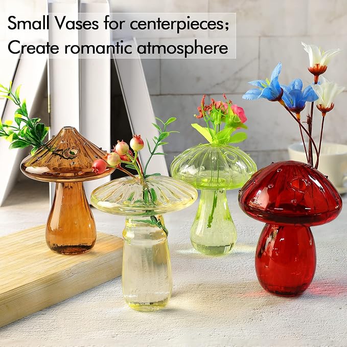4 PCS Mushroom Shaped Glass Vase, Planters Clear Hydroponic Vase, Flowers Plants for Decorative Centerpiece,Table Decor,Home Wedding Party (4 Color)